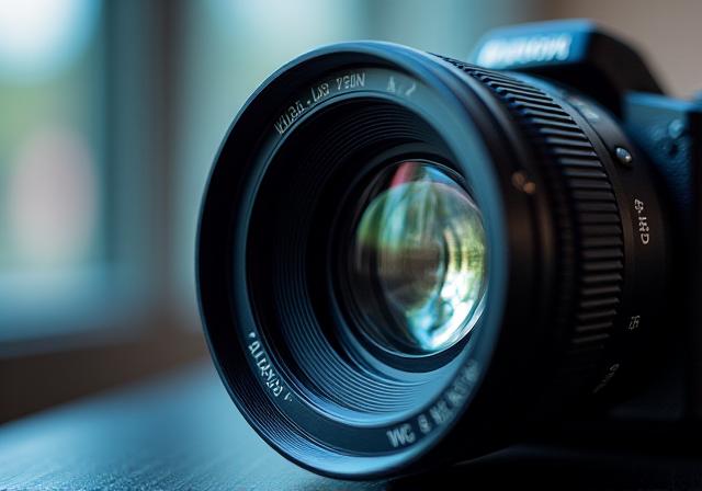 Close up of professional camera lens with shallow depth of field