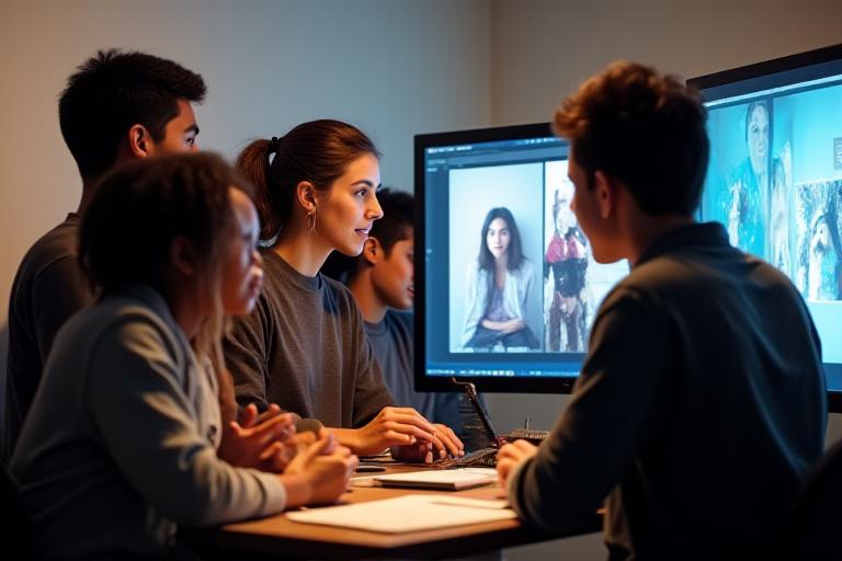 Group of photography students reviewing high-resolution images together with a professional mentor