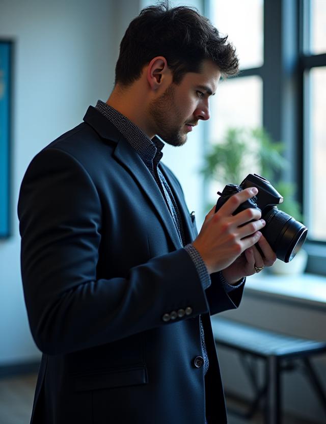 Professional photography instructor demonstrating a mirrorless camera technique in a New York studio